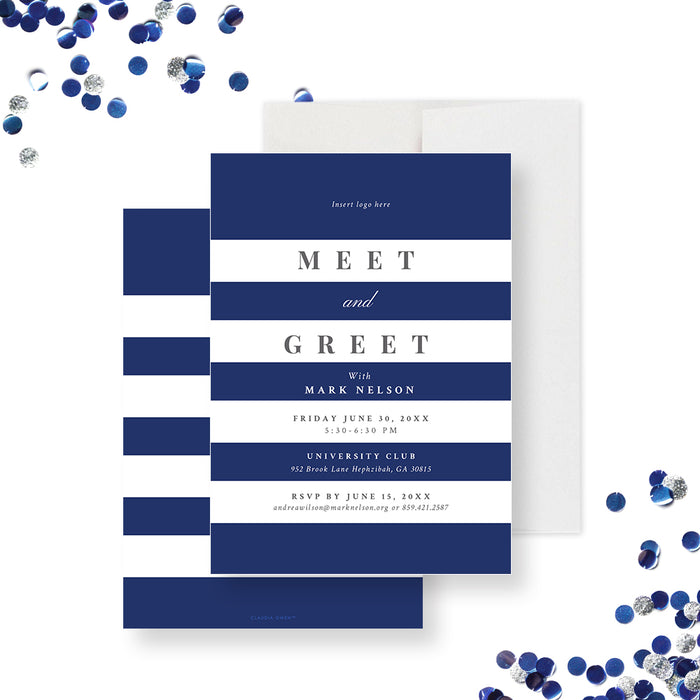 Blue and white professional business greeting card with customizable text fields for event details.-front-back