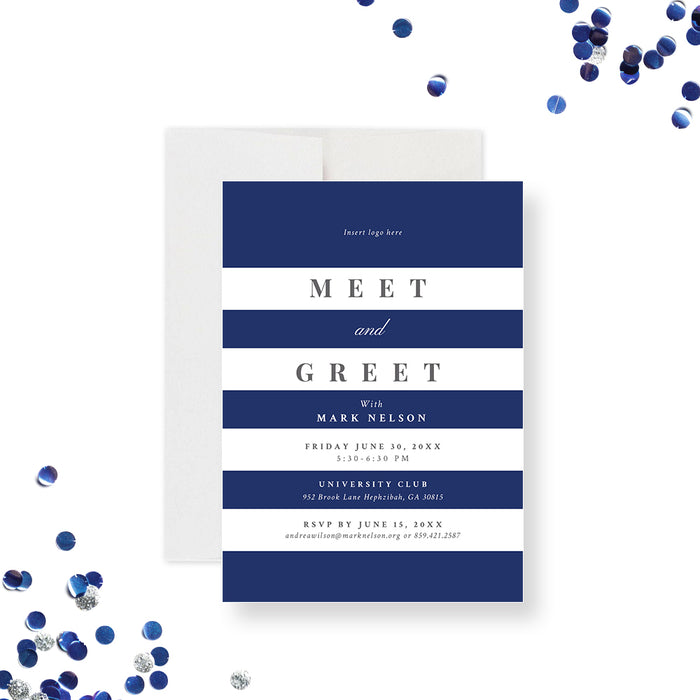 Blue and white professional business greeting card with customizable text fields for event details.-front