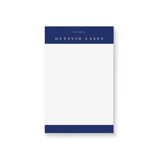 Personalized navy blue notepad, customized with a name or logo for business or corporate events.