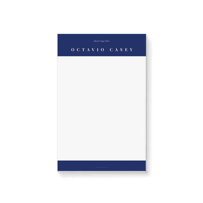 Personalized navy blue notepad, customized with a name or logo for business or corporate events.