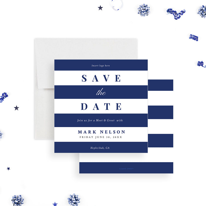 Modern save the date card with blue and white striped design for business meet and greet events-front-back