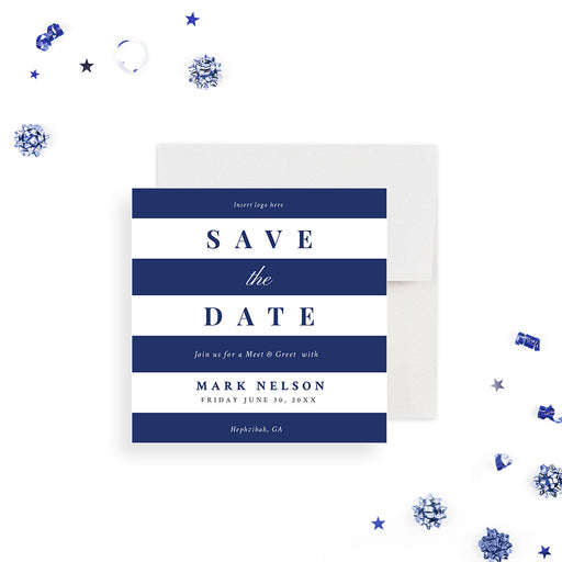 Modern save the date card with blue and white striped design for business meet and greet events-front