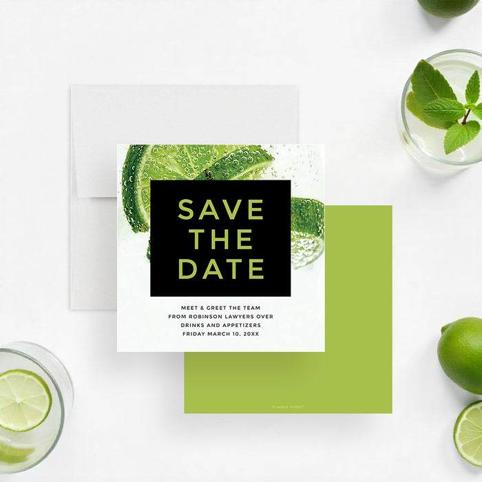 Lime-themed save the date card featuring fizzy citrus slices and bold green text on a black background, perfect for cocktail or business events-front-back