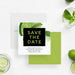 Lime-themed save the date card featuring fizzy citrus slices and bold green text on a black background, perfect for cocktail or business events-front-back