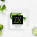 Lime-themed save the date card featuring fizzy citrus slices and bold green text on a black background, perfect for cocktail or business events-front