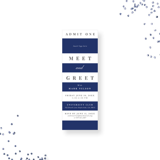 Personalized blue and white invitation ticket crafted for business meet-and-greets or professional corporate events.