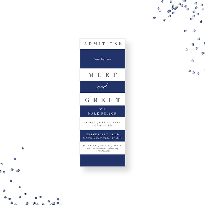 Personalized blue and white invitation ticket crafted for business meet-and-greets or professional corporate events.