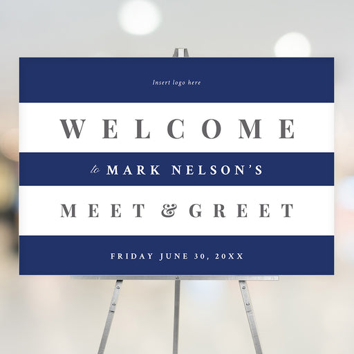 Modern navy blue and white custom welcome sign displayed on an easel for a professional meet and greet or business event.