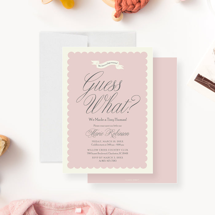 Custom blush pink sip and see invitation, customizable for newborn welcome parties.-front-back