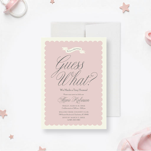 Custom blush pink sip and see invitation, customizable for newborn welcome parties.-front