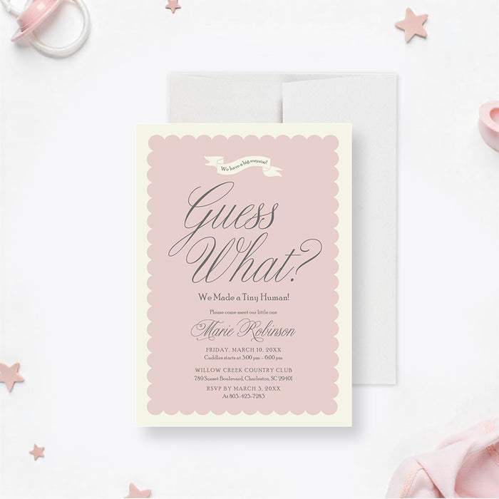 Custom blush pink sip and see invitation, customizable for newborn welcome parties.-front