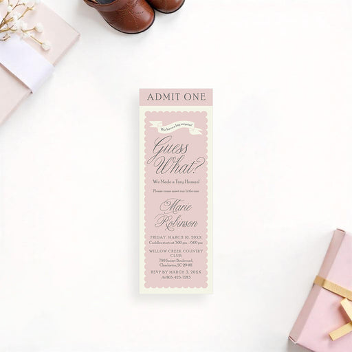 Blush pink ticket-style baby introduction invitation with customizable event details.