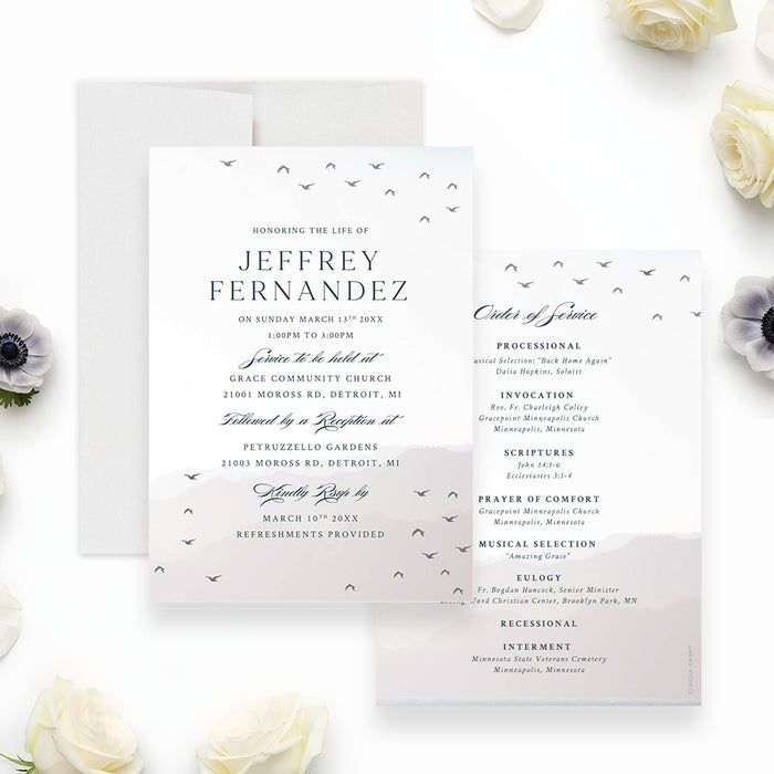 Life celebration memorial invitation with flying birds and a gentle gray mountain landscape design for a funeral or remembrance service.-front-back