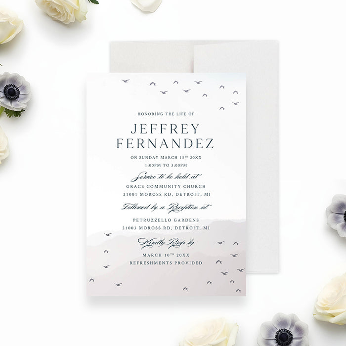 Life celebration memorial invitation with flying birds and a gentle gray mountain landscape design for a funeral or remembrance service.-front