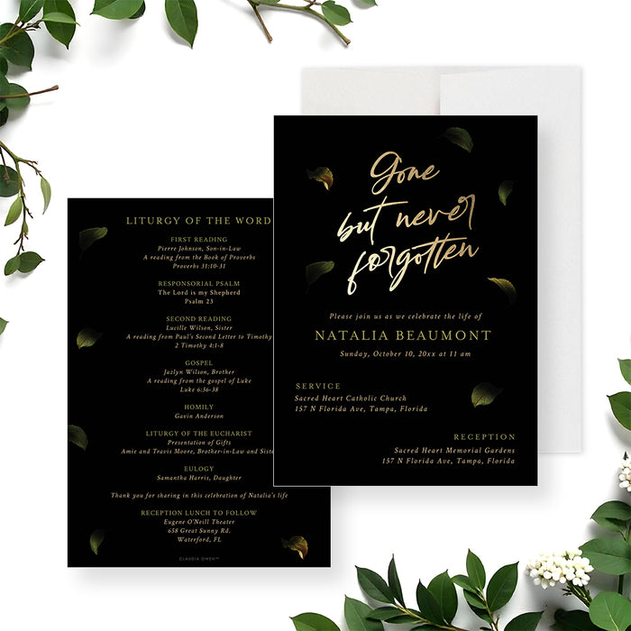 Celebration of life invitation featuring elegant gold script on a black background with falling leaves design for a memorial service.-front-back