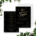 Celebration of life invitation featuring elegant gold script on a black background with falling leaves design for a memorial service.-front-back