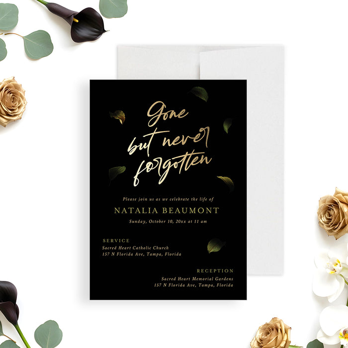 Celebration of life invitation featuring elegant gold script on a black background with falling leaves design for a memorial service.-front
