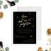 Celebration of life invitation featuring elegant gold script on a black background with falling leaves design for a memorial service.-front