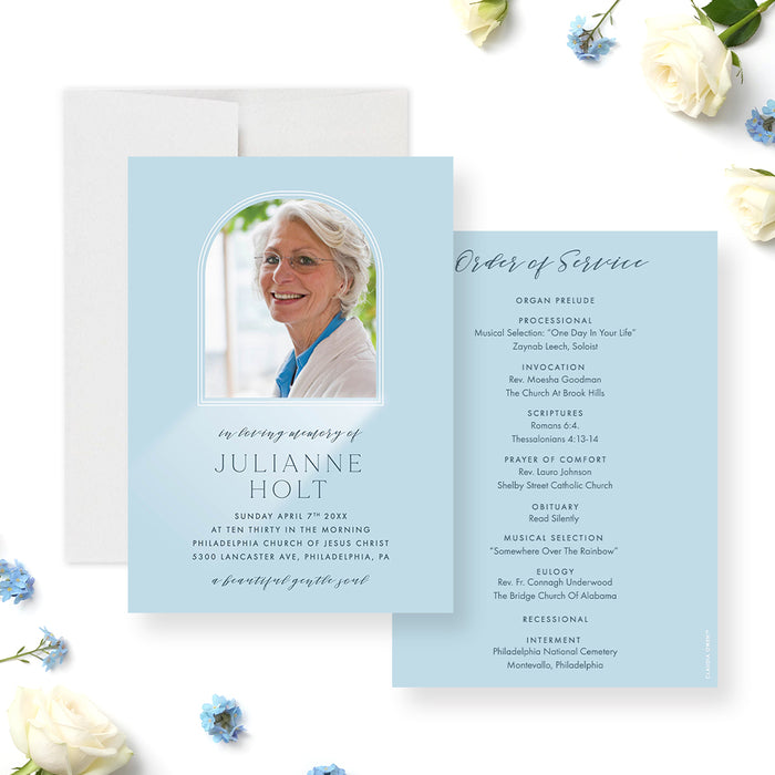 Celebration of life memorial service photo invitation with tribute portrait-front-back