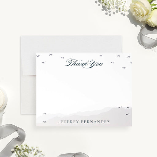 Memorial thank you card featuring flying birds and a gentle mountain landscape design for life celebration appreciation notes.-front