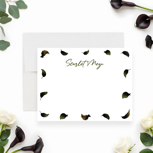 Memorial thank you card featuring a botanical leaf border design with personalized name for remembrance stationery.-front