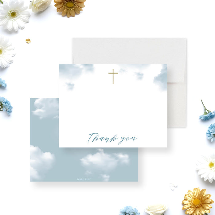 Memorial thank you card with blue sky clouds and gold cross religious design-front-back