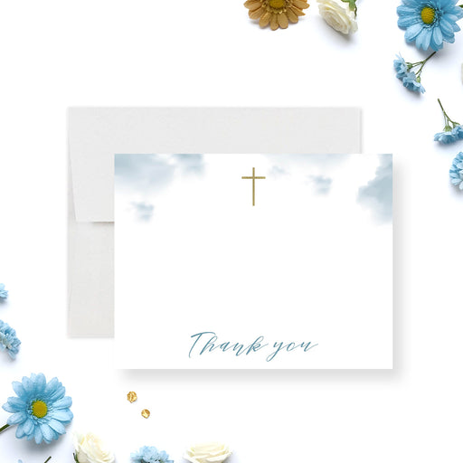Memorial thank you card with blue sky clouds and gold cross religious design-front