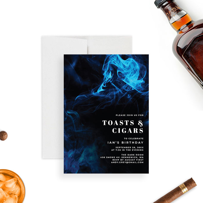 Blue smoke-themed invitation card featuring a modern masculine design, customized for men’s birthday celebrations.-front