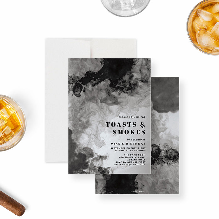 Masculine smoke-inspired birthday invitation, ideal for men’s 21st, 30th, 40th, or 50th celebrations.-front-back