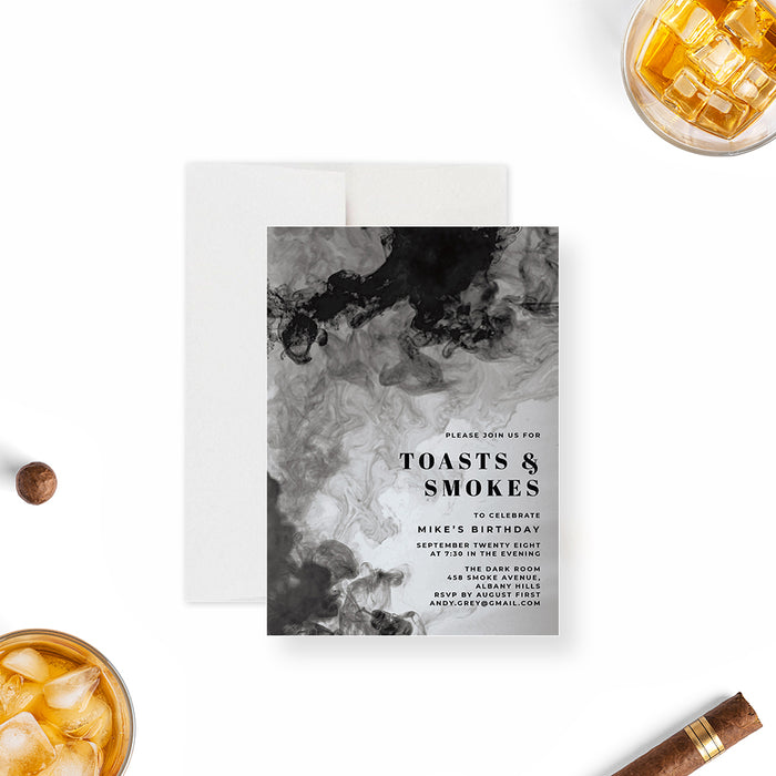 Masculine smoke-inspired birthday invitation, ideal for men’s 21st, 30th, 40th, or 50th celebrations.-front