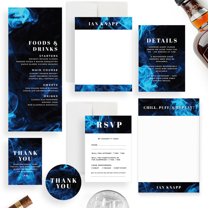 Men’s Toasts and Cigars Birthday Invitation Blue Smoke Cigar Party