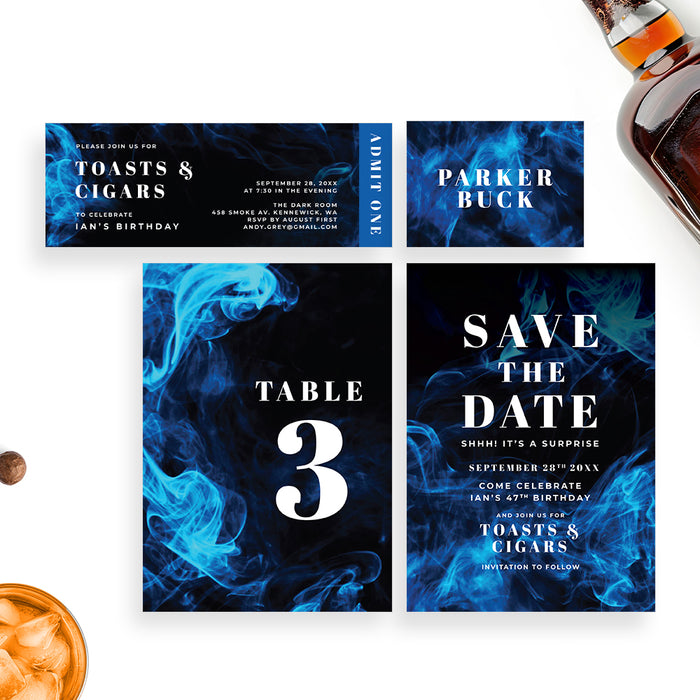 Men’s Toasts and Cigars Birthday Invitation Blue Smoke Cigar Party