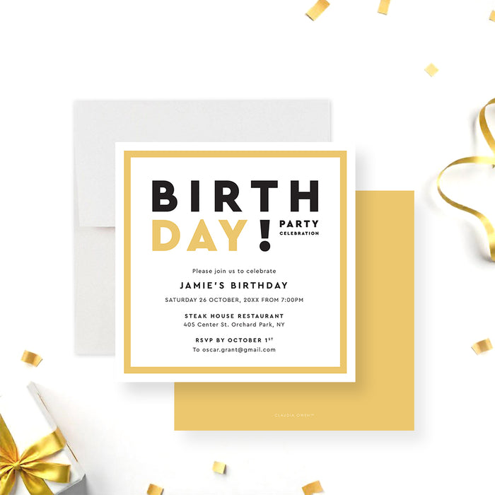 Birthday invitation featuring modern typography and a clean, masculine design, perfect for 30th, 40th, or 50th milestone celebrations.-front-back