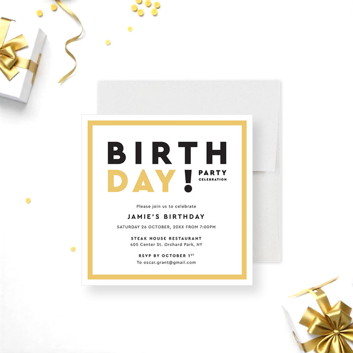 Birthday invitation featuring modern typography and a clean, masculine design, perfect for 30th, 40th, or 50th milestone celebrations.-front