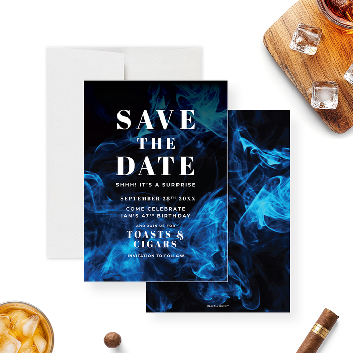 Birthday save the date card featuring a blue smoky design for a contemporary, masculine event theme.-front-back