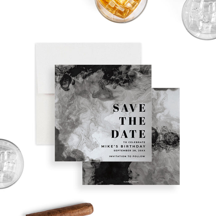 Save the date card with a smoky design for a men’s milestone birthday celebration-front-back