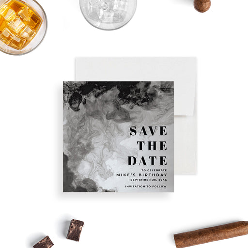 Save the date card with a smoky design for a men’s milestone birthday celebration-front