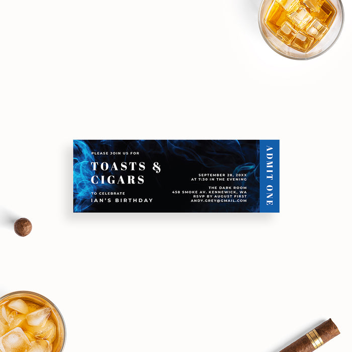 Blue smoke ticket-style birthday invitation with a modern masculine design, offering a contemporary way to invite guests to your celebration.