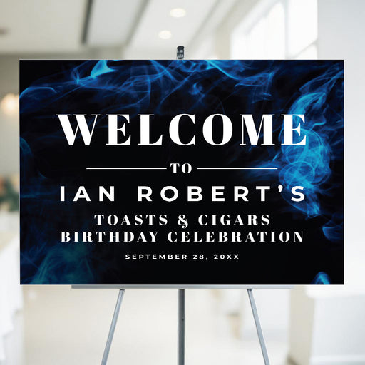 Men’s birthday welcome sign with a blue smoky design, perfect for event entrances, reception areas, or photo backdrops.