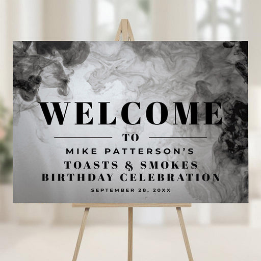 Masculine welcome sign with a monochrome smoky design for men’s birthday party décor.