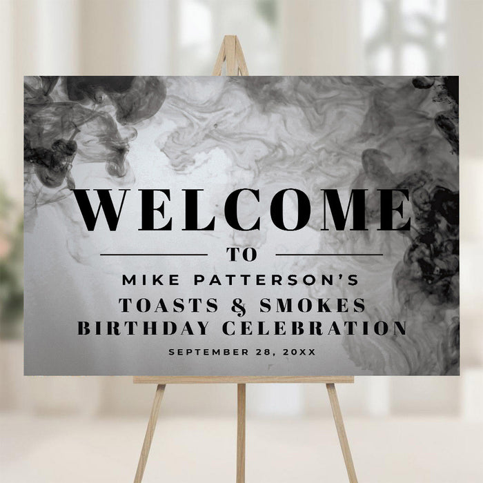 Masculine welcome sign with a monochrome smoky design for men’s birthday party décor.