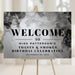 Masculine welcome sign with a monochrome smoky design for men’s birthday party décor.