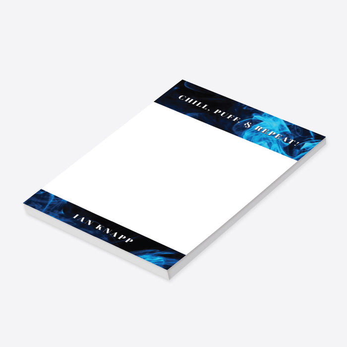 Blue smoke-themed custom notepad with “Chill, Puff, and Repeat!” exudes a cool, masculine vibe perfect for any occasion.-side