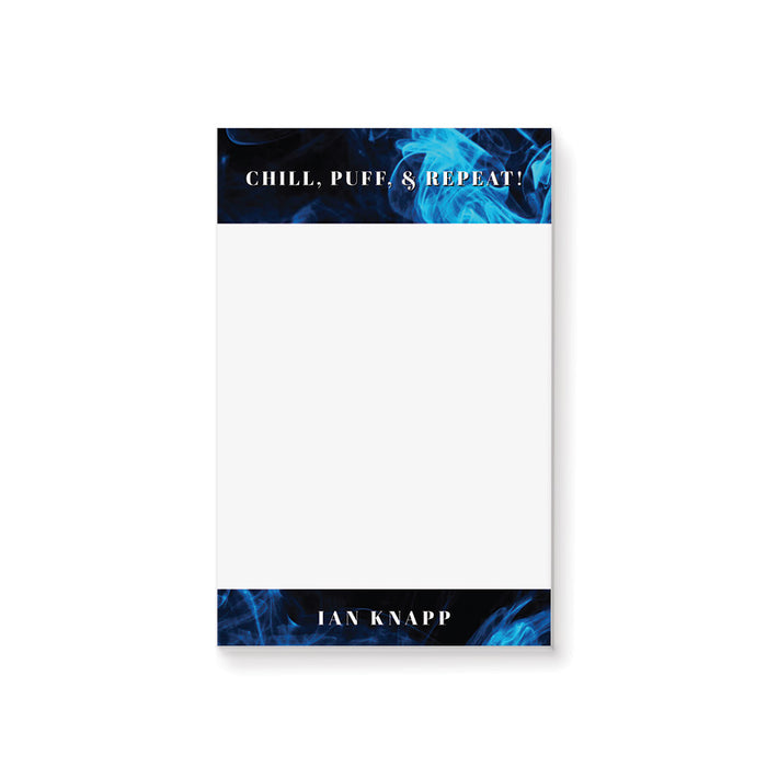 Blue smoke-themed custom notepad with “Chill, Puff, and Repeat!” exudes a cool, masculine vibe perfect for any occasion.