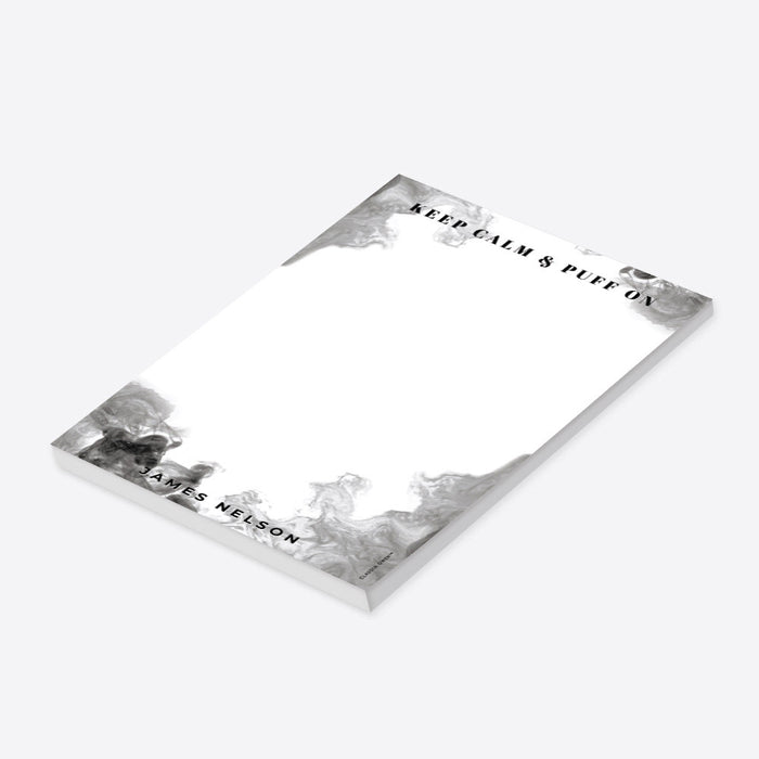 Masculine personalized notepad featuring the phrase "keep calm and puff on" with a smoky design, making it a unique men’s stationery piece.-side