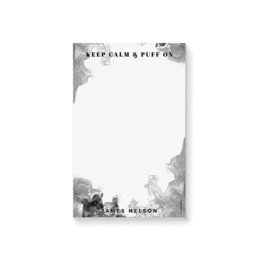 Masculine personalized notepad featuring the phrase "keep calm and puff on" with a smoky design, making it a unique men’s stationery piece.