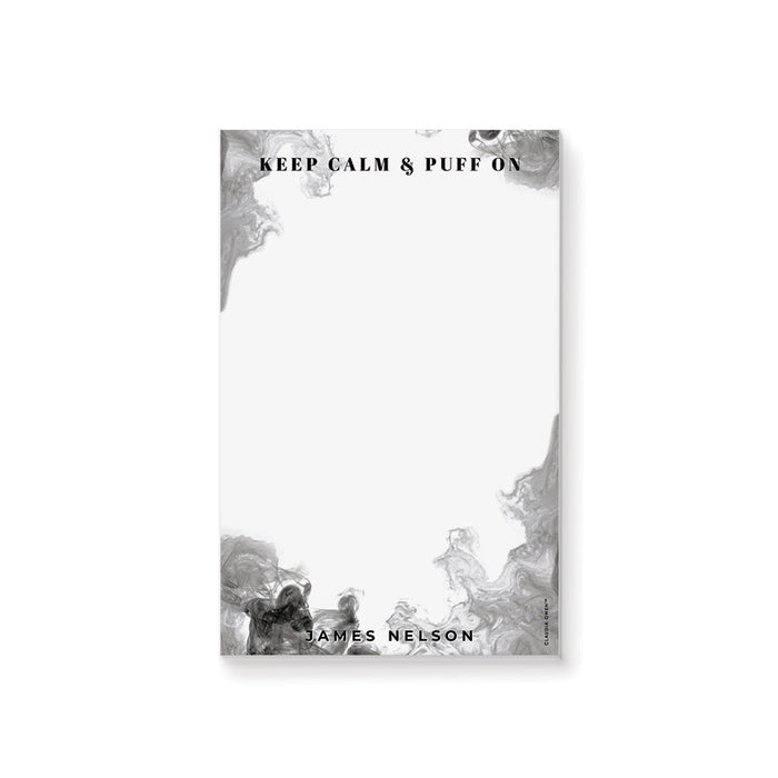 Masculine personalized notepad featuring the phrase "keep calm and puff on" with a smoky design, making it a unique men’s stationery piece.