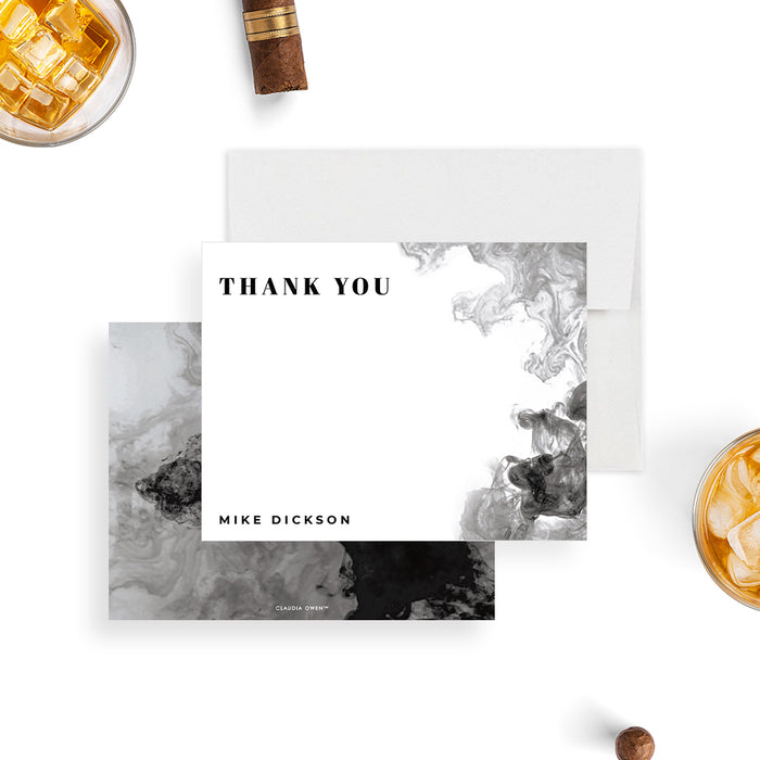 Monochrome smoke-themed masculine thank you card, a stylish appreciation card for men’s events.-front-back