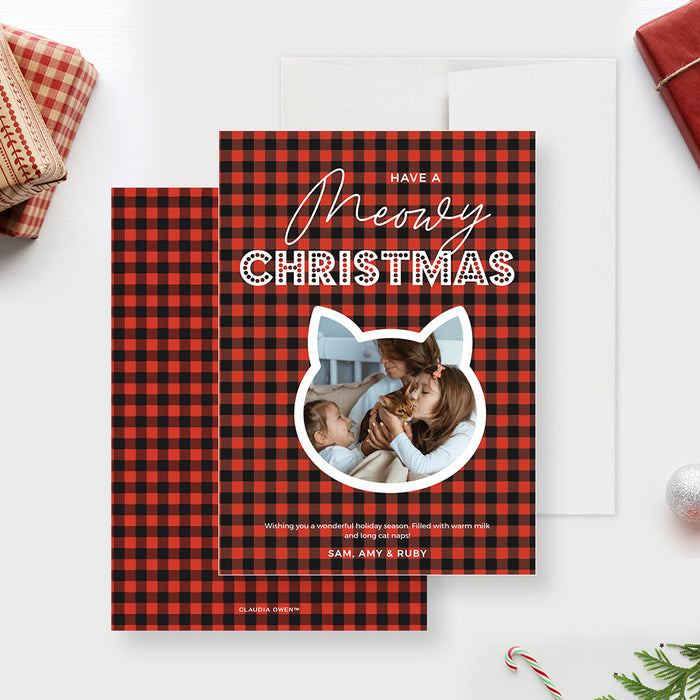 Front and back mockup of the Meowy Christmas photo card template with a plaid front and a plain white back.