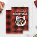 Front and back mockup of the Meowy Christmas photo card template with a plaid front and a plain white back.